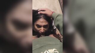 Indian girl gives a nice blowjob in staircase